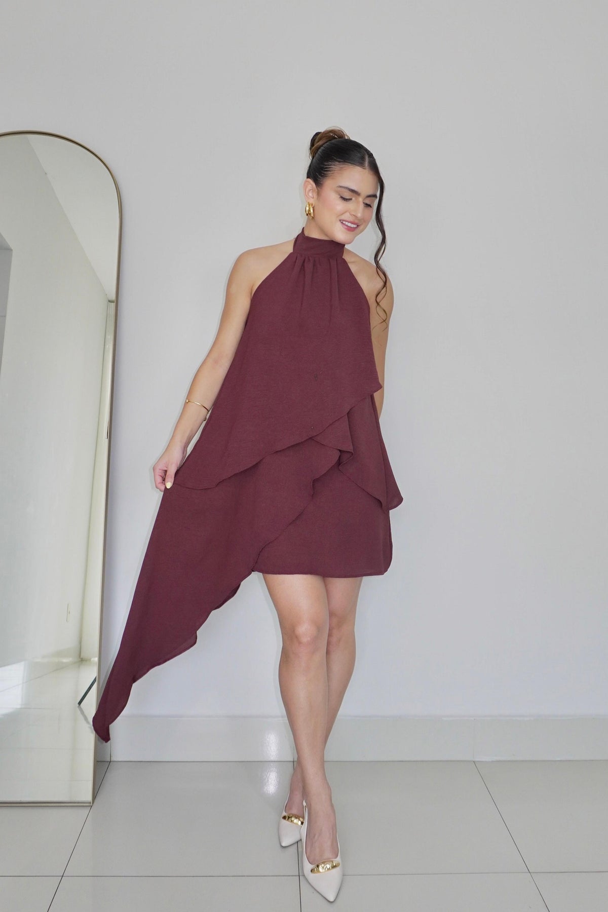 VESTIDO SOL MARROM CACAU - Curto com babados