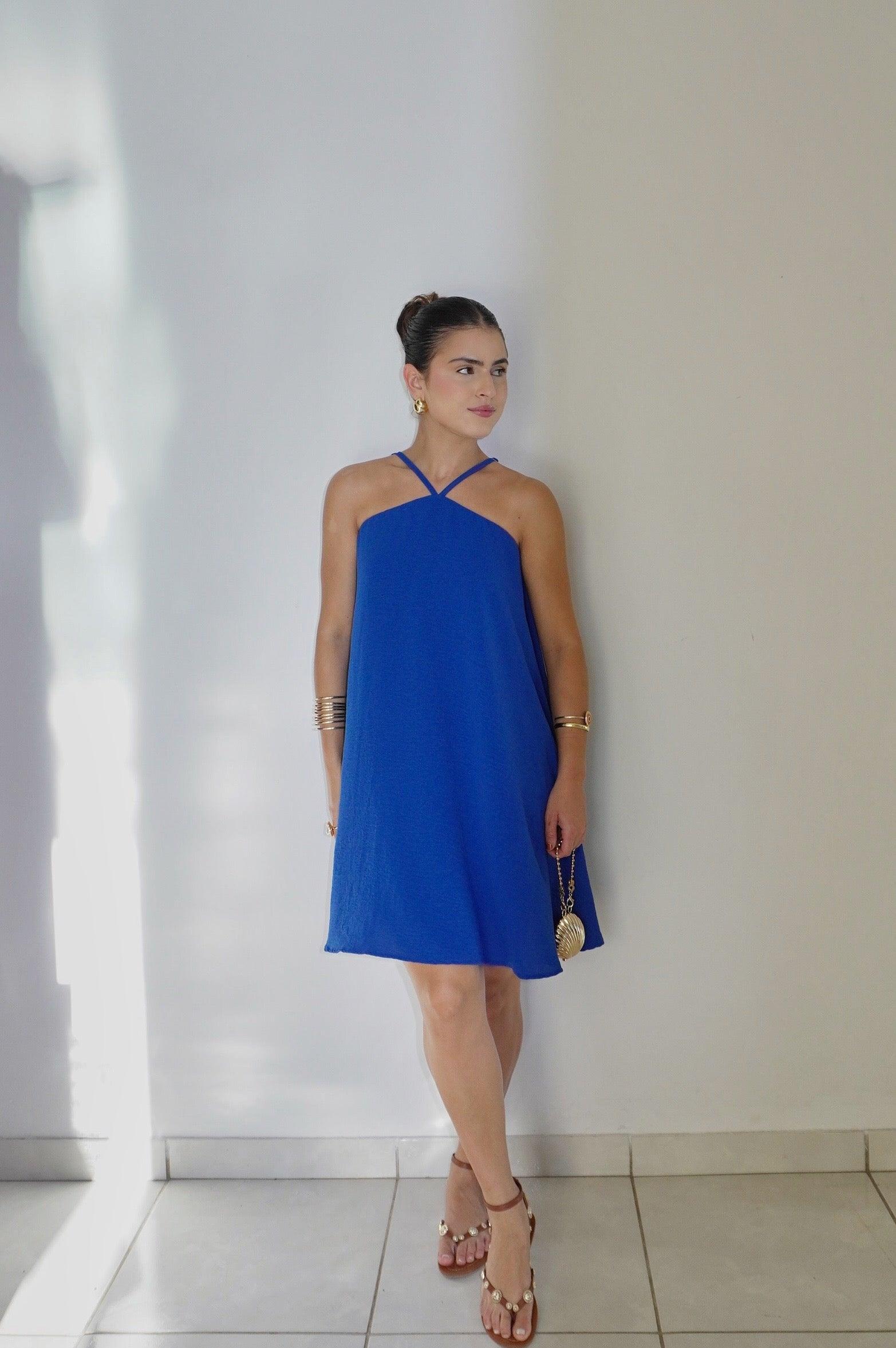 VESTIDO CELESTE AZUL ROYAL - Curto com alça regulável