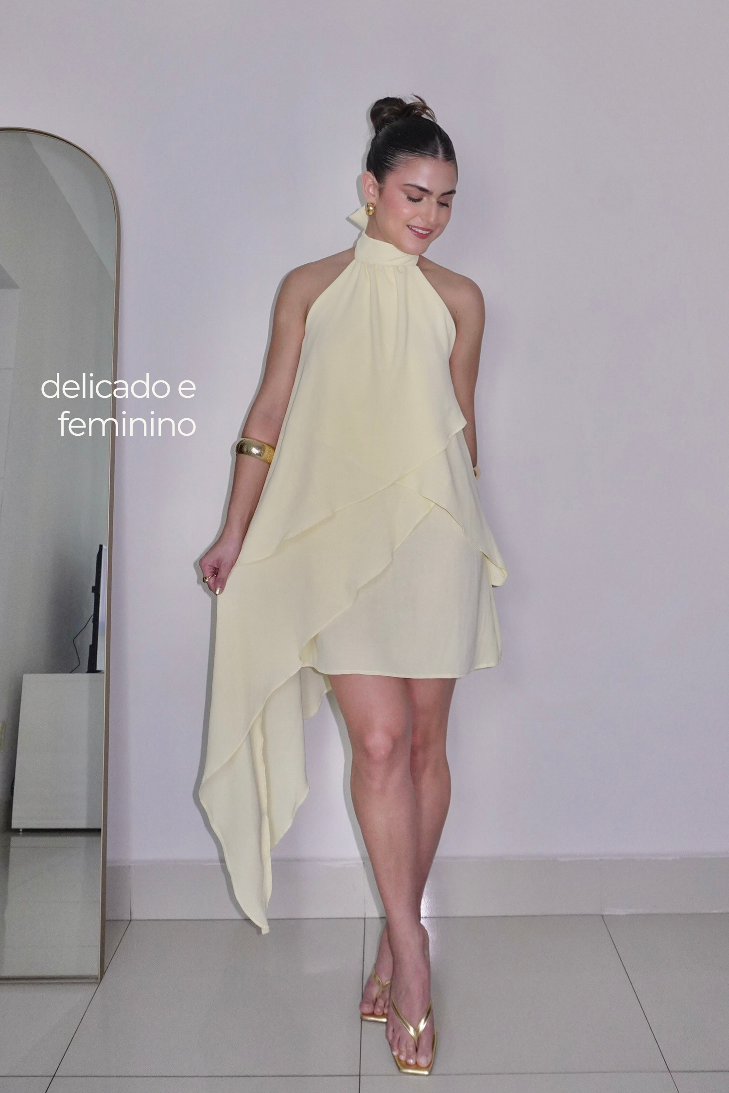 VESTIDO SOL AMARELO MANTEIGA - Curto com babados