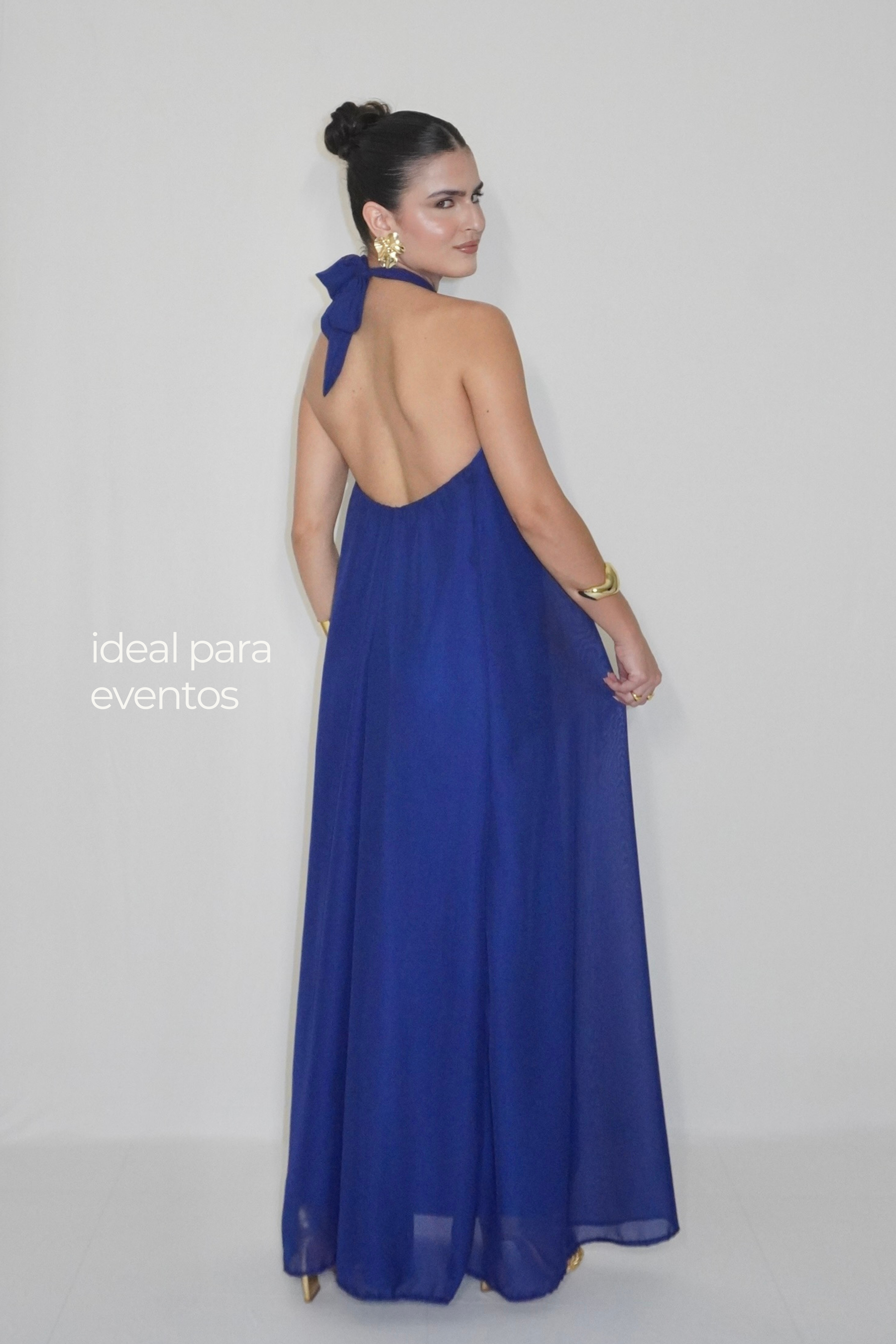 VESTIDO JADE AZUL MARINHO - Longo fluido com decote nas costas