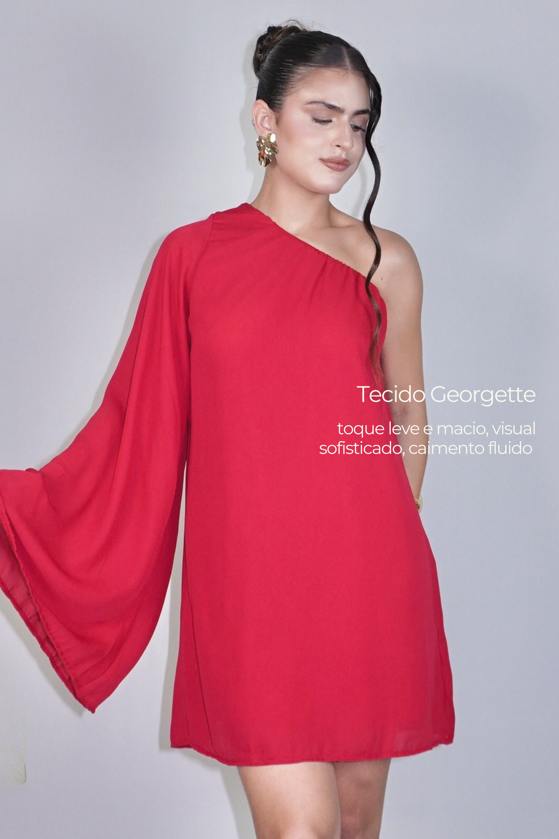 VESTIDO NINA VERMELHO - Curto com manga única, efeito fluido