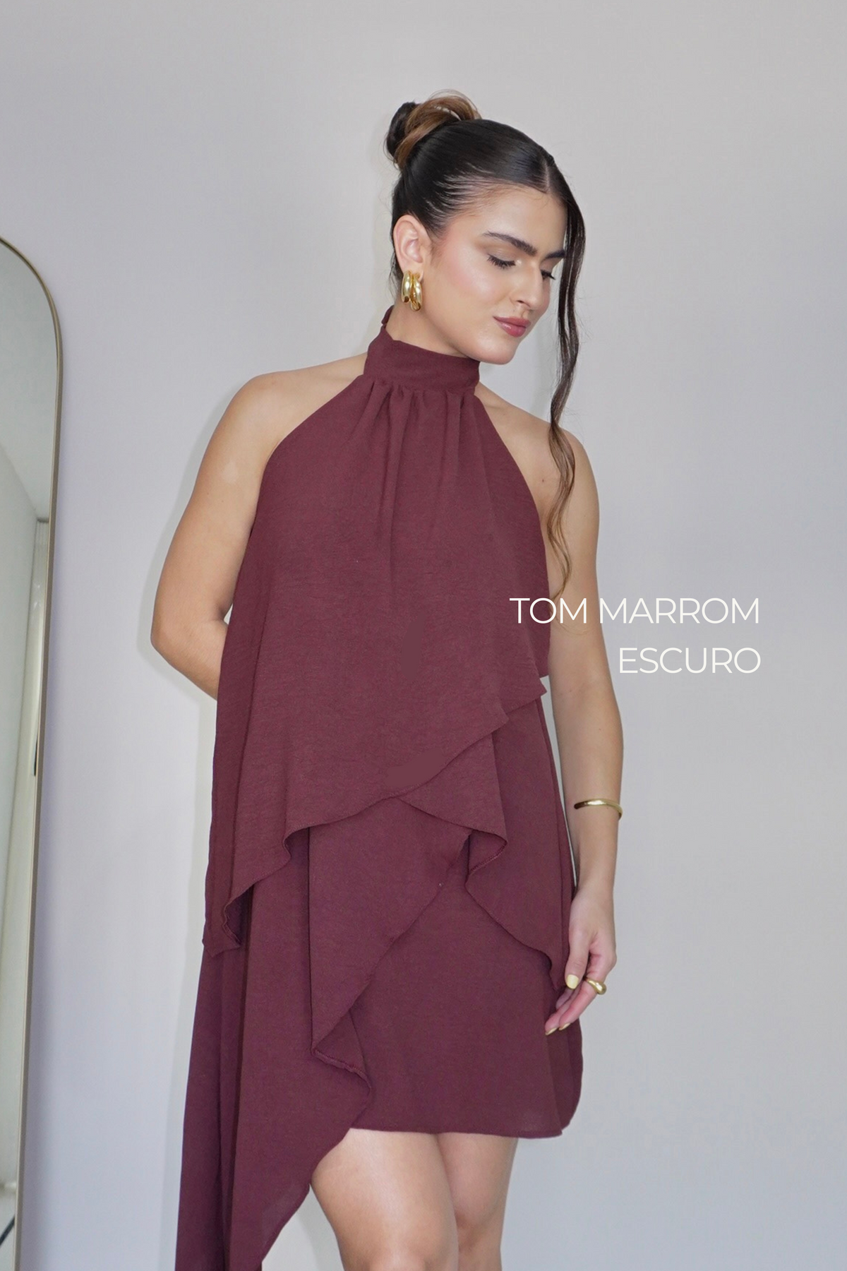 VESTIDO SOL MARROM CACAU - Curto com babados