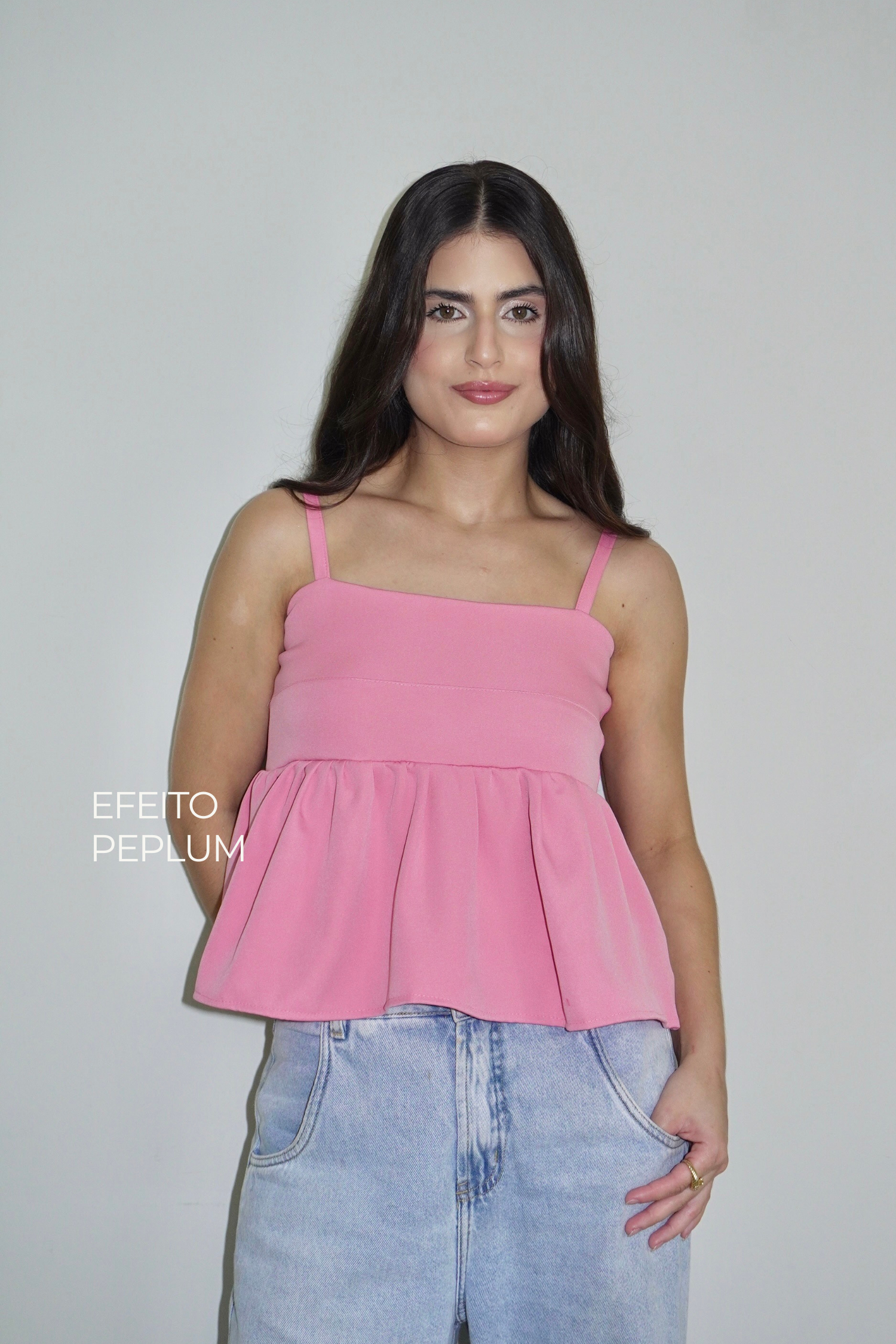 BLUSA ELLA PEPLUM ROSA BEBÊ - Com alça regulável e zíper na lateral
