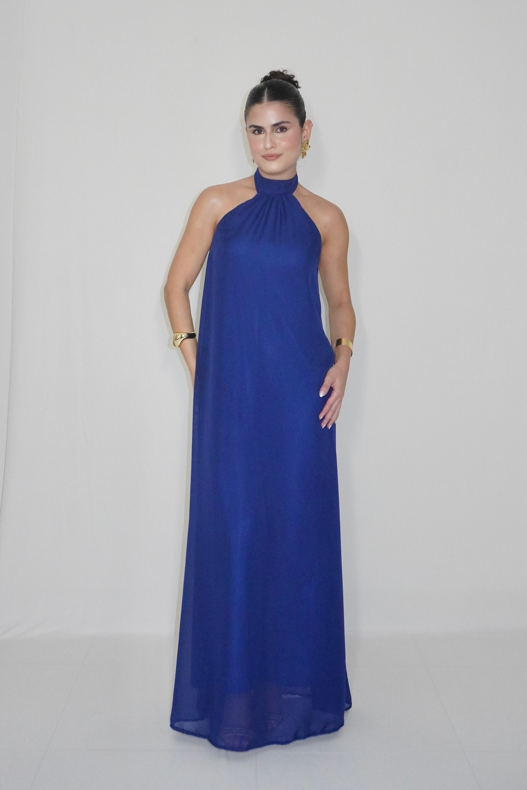VESTIDO JADE AZUL MARINHO - Longo fluido com decote nas costas
