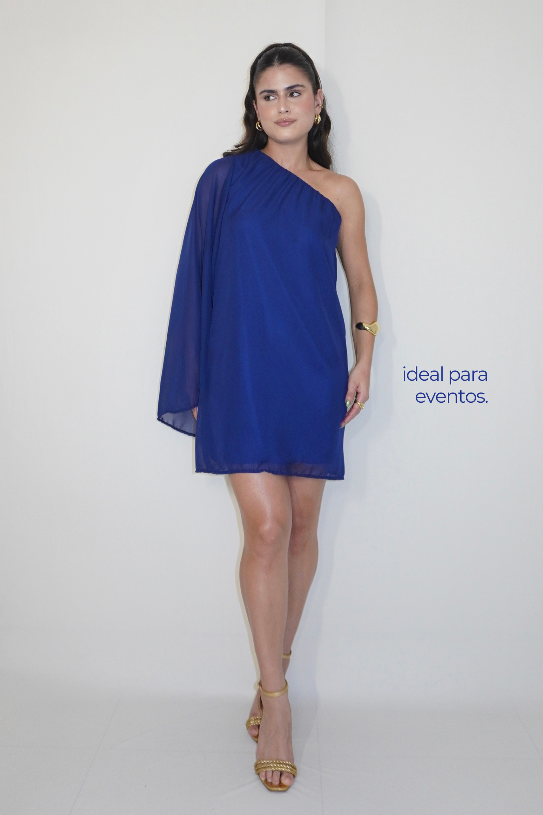 VESTIDO NINA AZUL MARINHO - Curto com manga única, efeito fluido