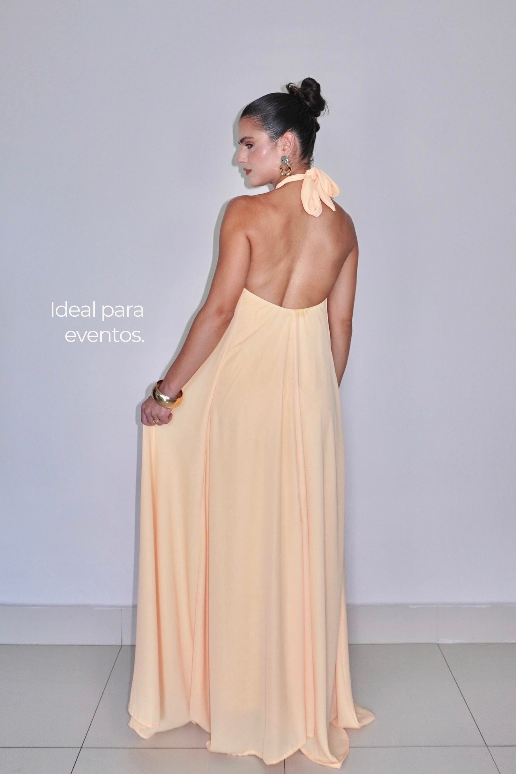 VESTIDO JADE AMARELO MANTEIGA - Longo fluido com decote nas costas