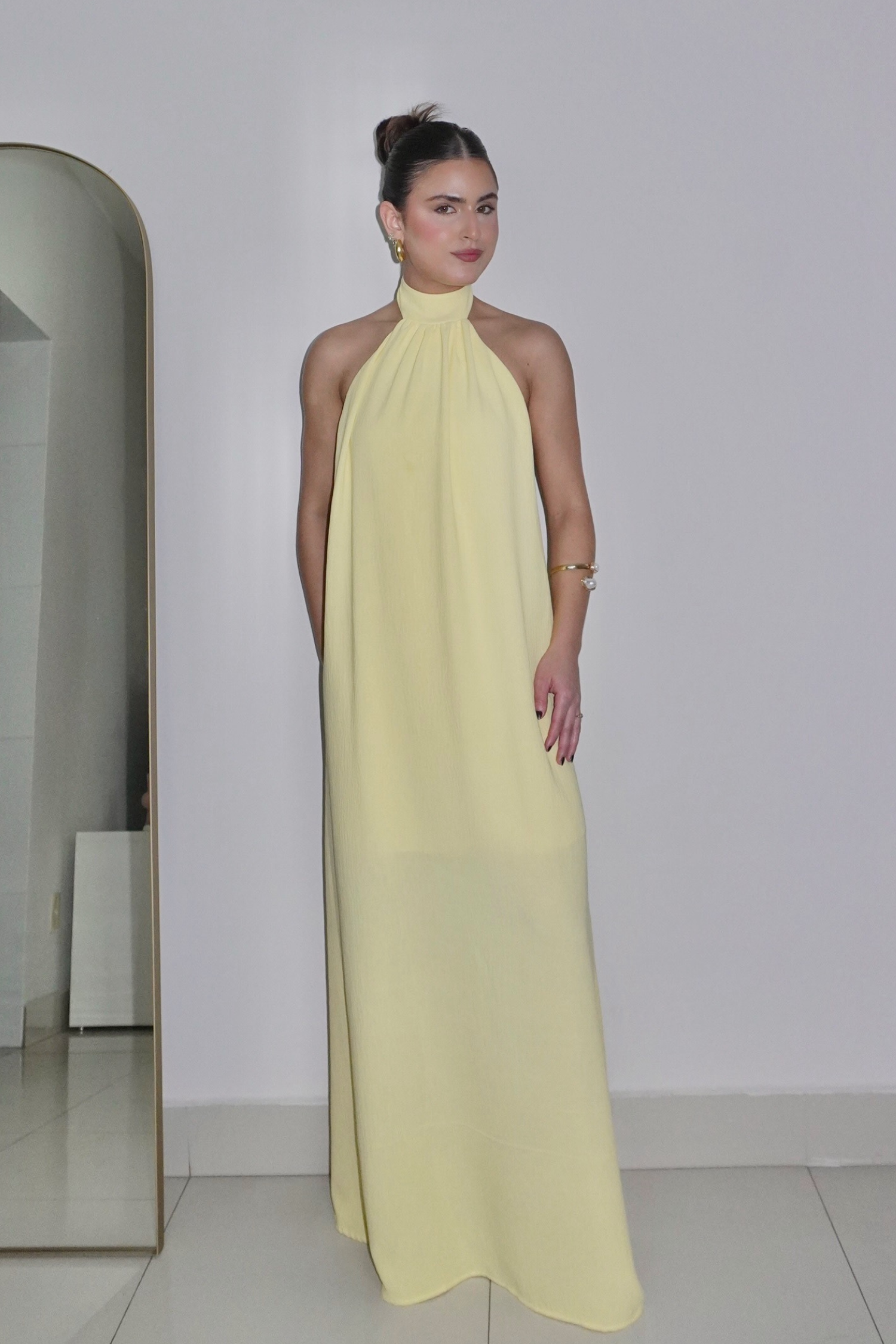 VESTIDO JADE AMARELO MANTEIGA - Longo com decote nas costas