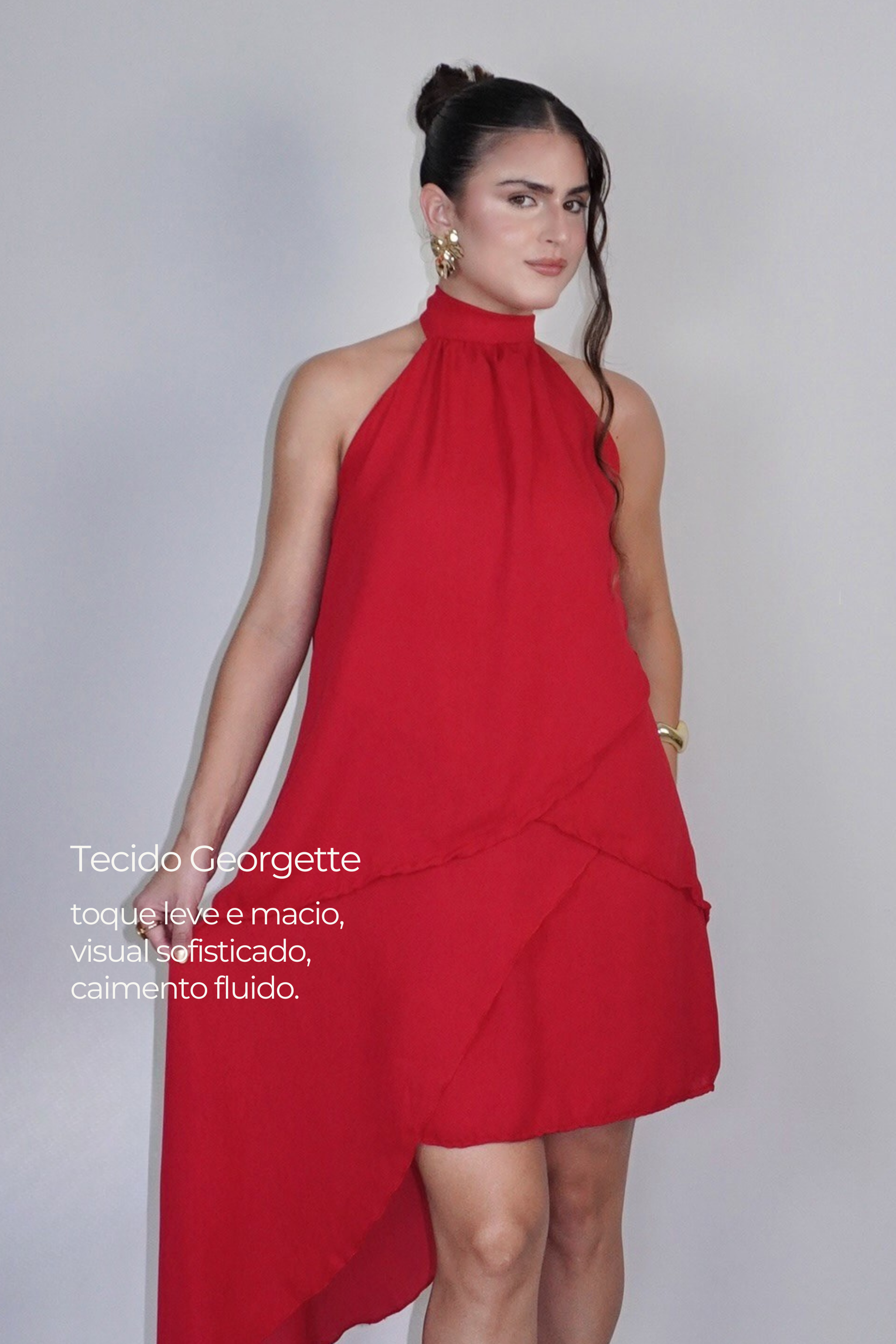 VESTIDO SOL VERMELHO - Curto com babados, fluido com amarração no pescoço