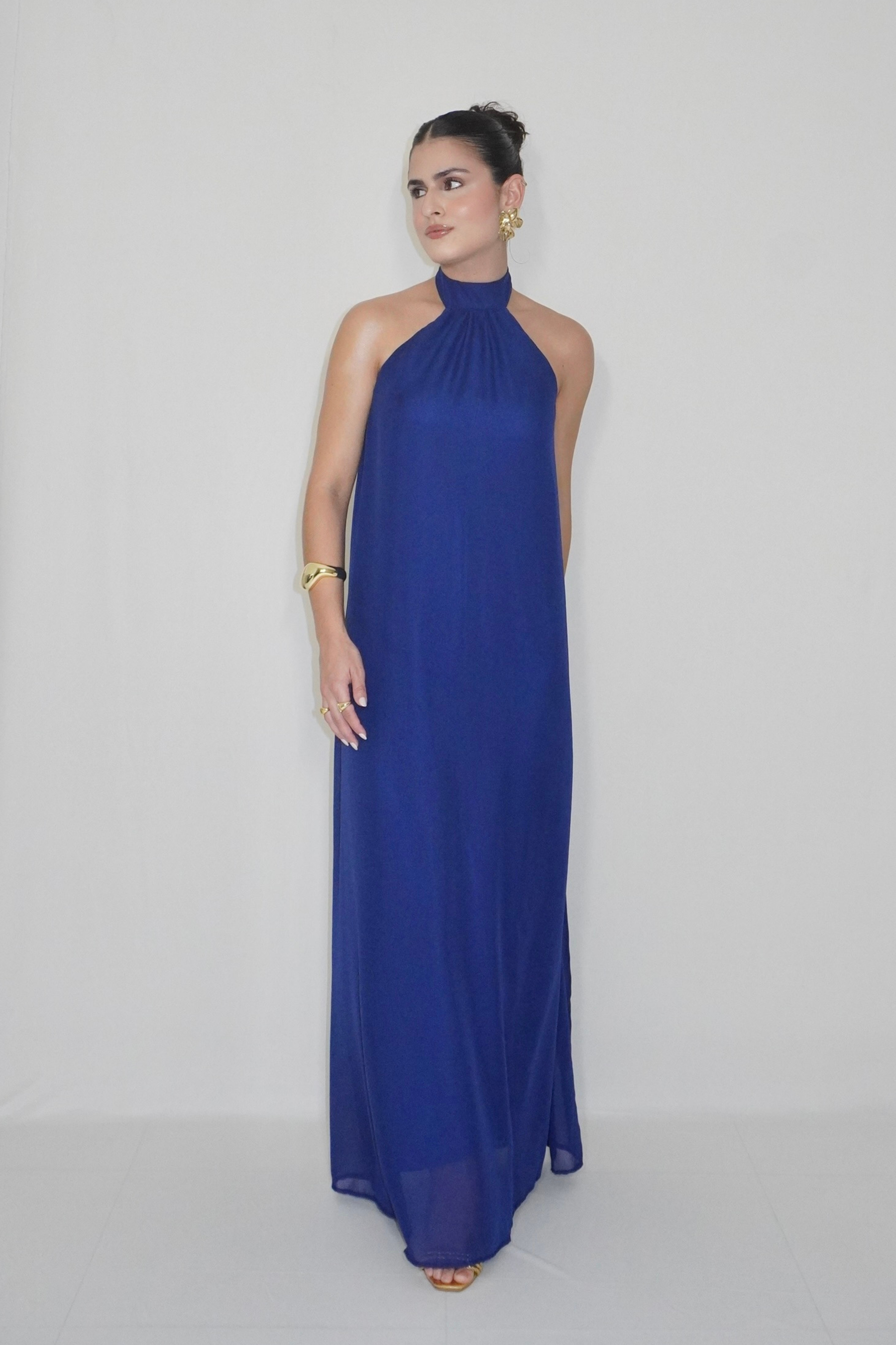 VESTIDO JADE AZUL MARINHO - Longo fluido com decote nas costas