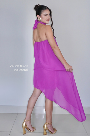 VESTIDO SOL FÚCSIA - Curto com babados, fluido com amarração no pescoço