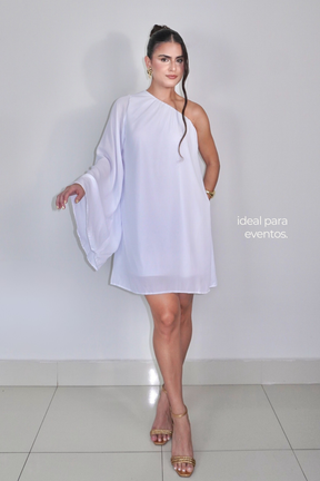 VESTIDO NINA BRANCO - Curto com manga única, efeito fluido