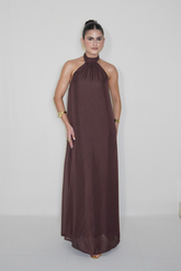 VESTIDO JADE MARROM CAFÉ - Longo fluido com decote nas costas