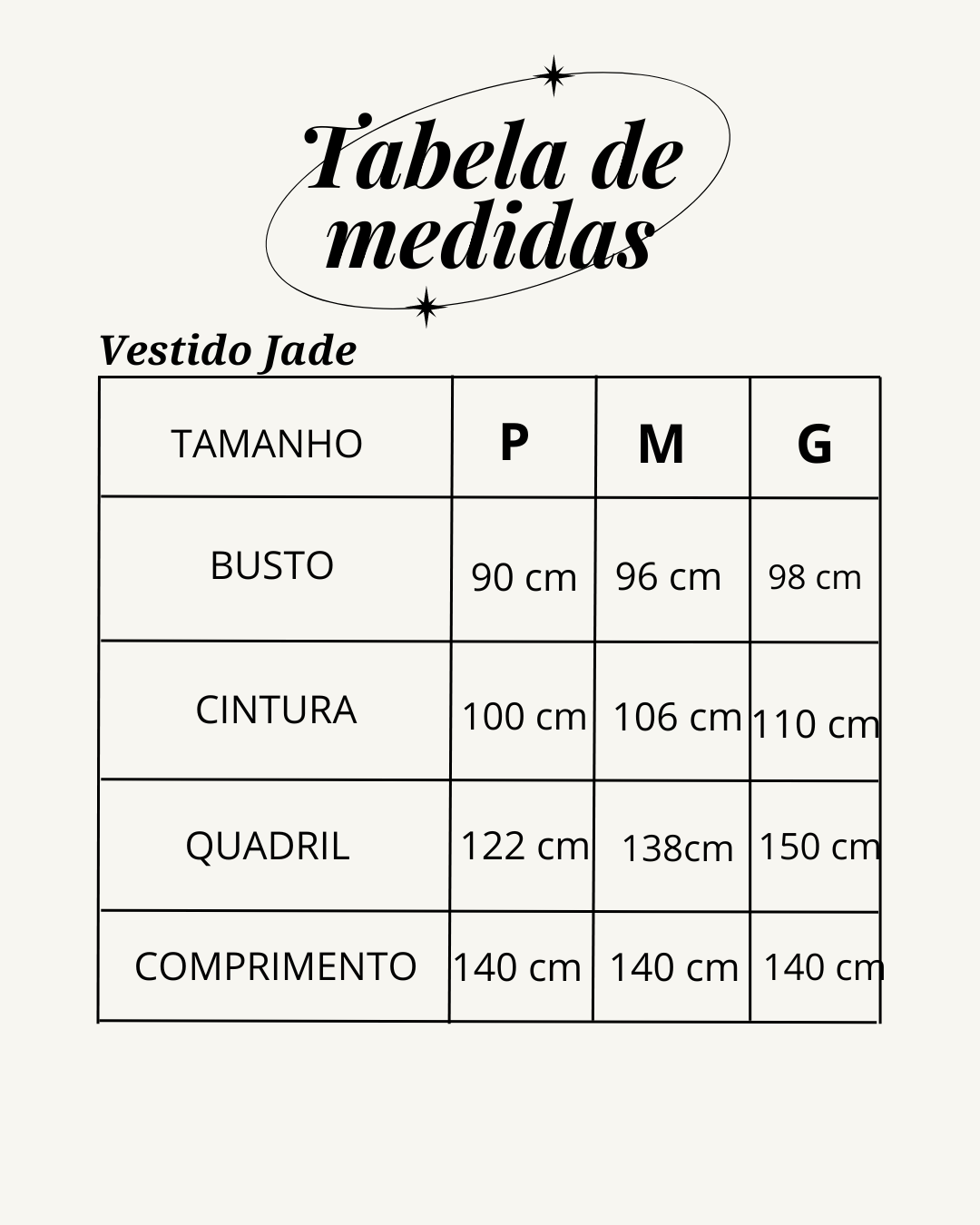 Tabela de medidas do produto