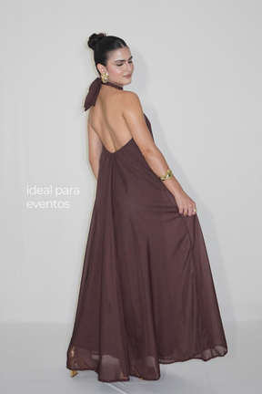 VESTIDO JADE MARROM CAFÉ - Longo fluido com decote nas costas