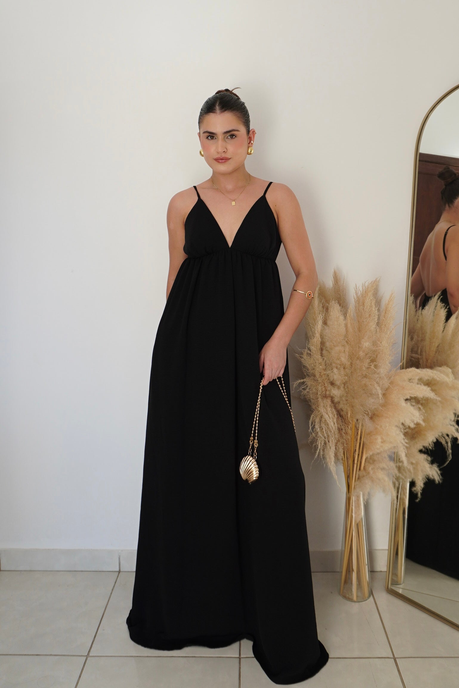 VESTIDO JANE PRETO - Longo com Decote em V