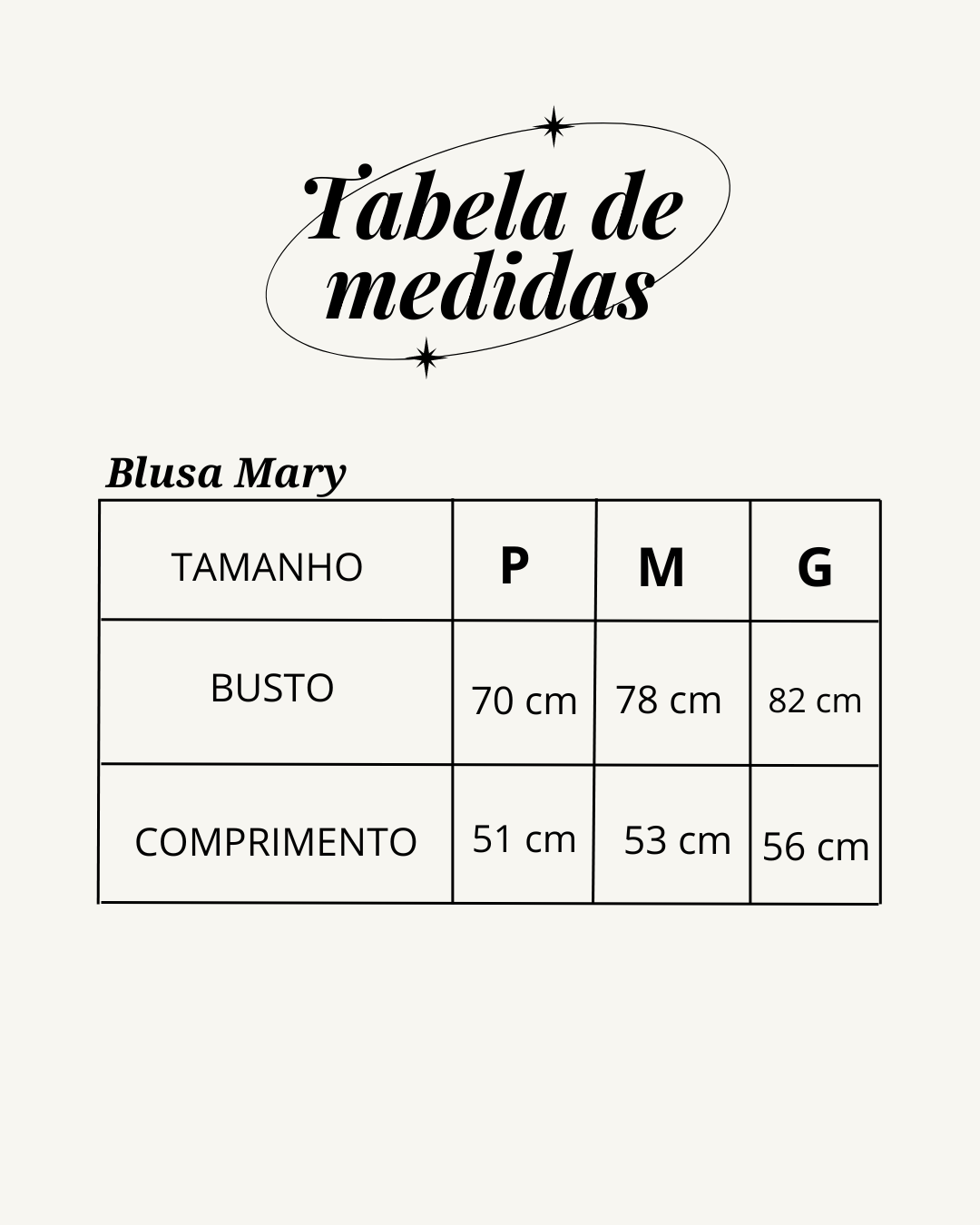 Tabela de medidas do produto
