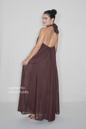 VESTIDO JADE MARROM CAFÉ - Longo fluido com decote nas costas
