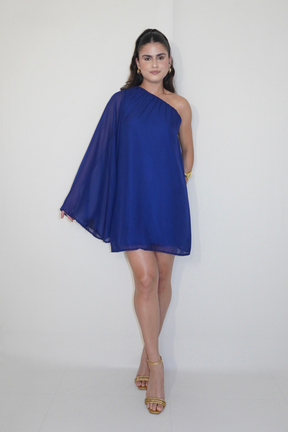 VESTIDO NINA AZUL MARINHO - Curto com manga única, efeito fluido