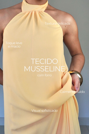 VESTIDO JADE AMARELO MANTEIGA - Longo fluido com decote nas costas