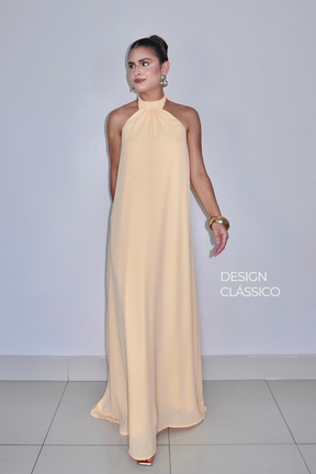 VESTIDO JADE AMARELO MANTEIGA - Longo fluido com decote nas costas