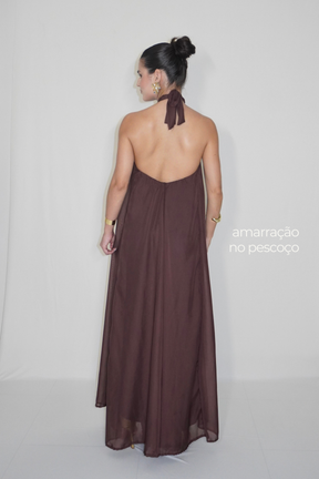 VESTIDO JADE MARROM CAFÉ - Longo fluido com decote nas costas