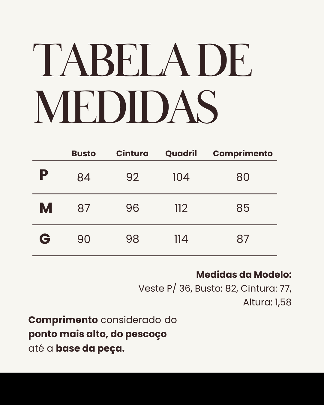 Tabela de medidas do produto