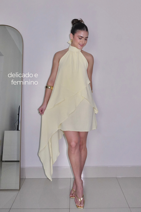 VESTIDO SOL AMARELO MANTEIGA - Curto com babados