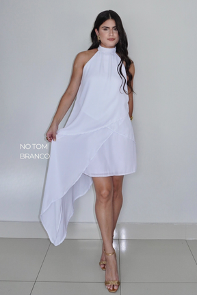 VESTIDO SOL BRANCO - Curto com babados, fluido com amarração no pescoço