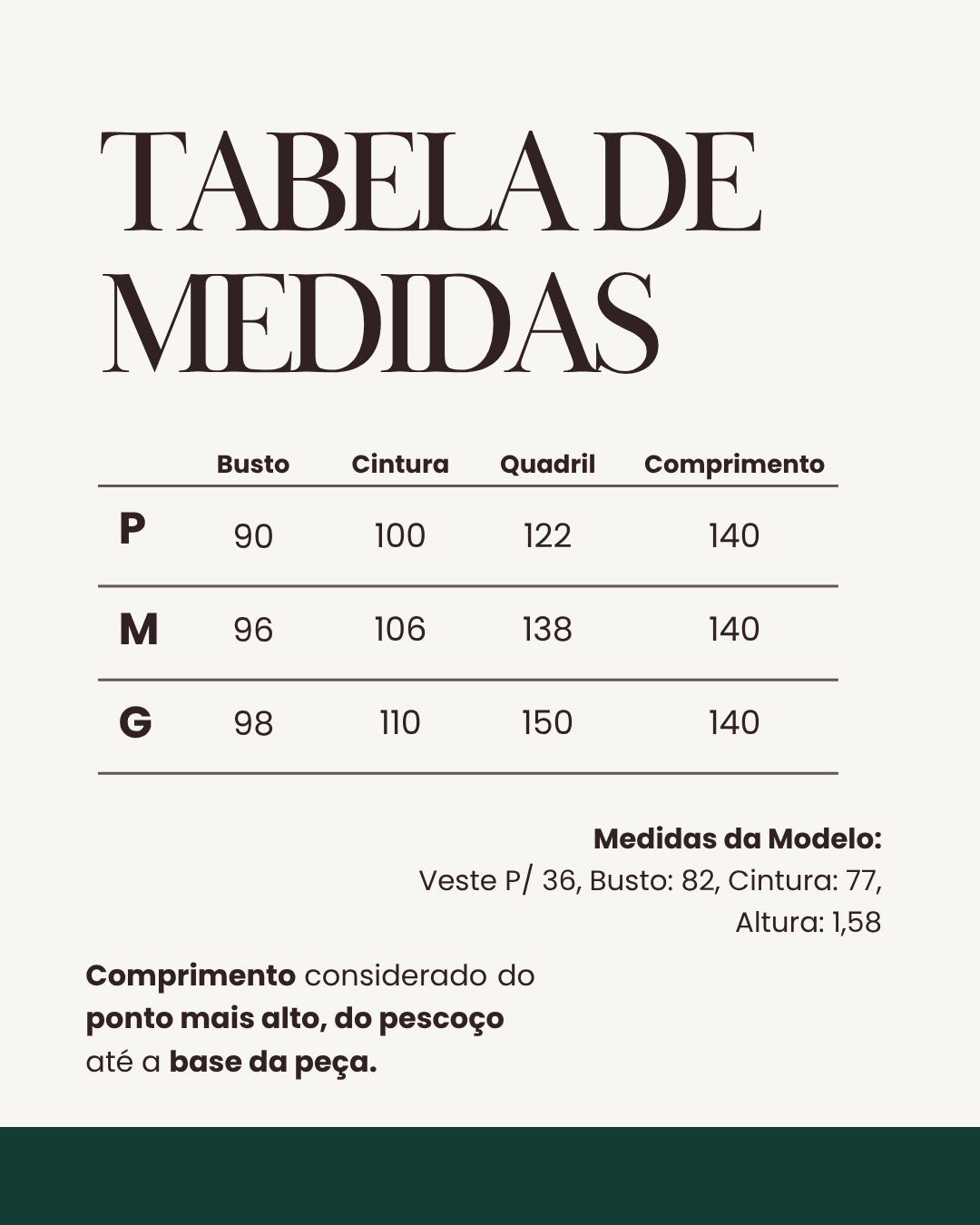 Tabela de medidas do produto