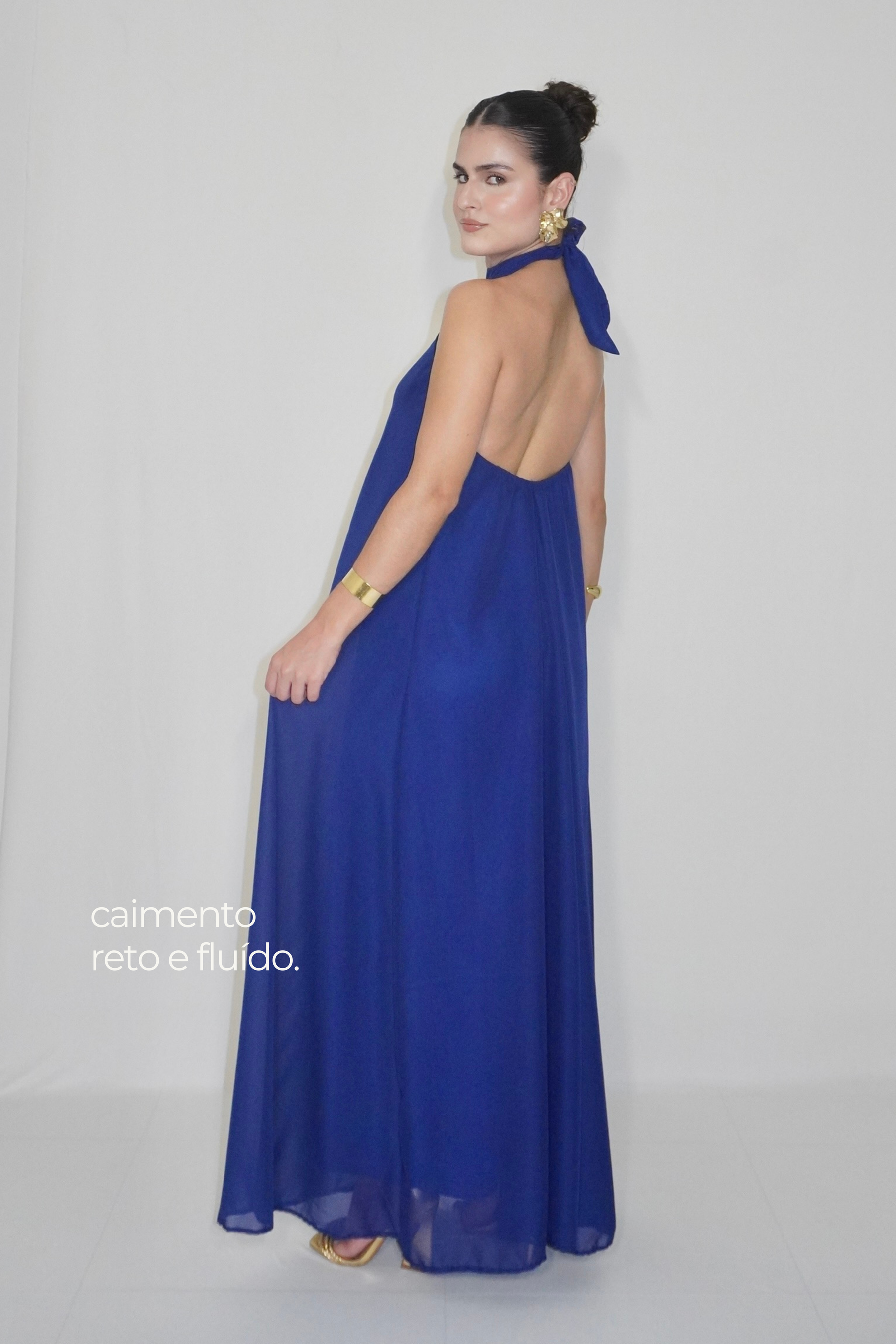 VESTIDO JADE AZUL MARINHO - Longo fluido com decote nas costas