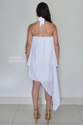 VESTIDO SOL BRANCO - Curto com babados, fluido com amarração no pescoço