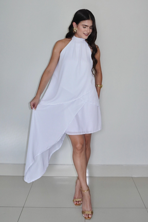 VESTIDO SOL BRANCO - Curto com babados, fluido com amarração no pescoço