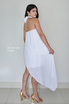 VESTIDO SOL BRANCO - Curto com babados, fluido com amarração no pescoço