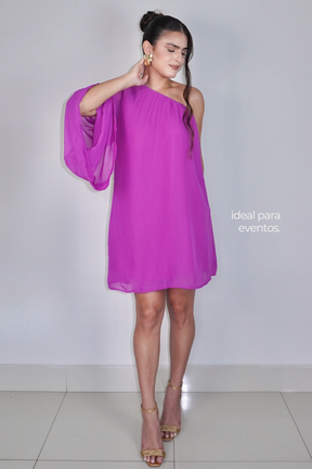 VESTIDO NINA FÚCSIA - Curto com manga única, efeito fluido