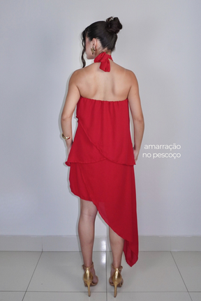 VESTIDO SOL VERMELHO - Curto com babados, fluido com amarração no pescoço