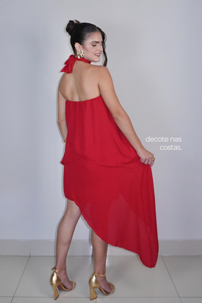 VESTIDO SOL VERMELHO - Curto com babados, fluido com amarração no pescoço