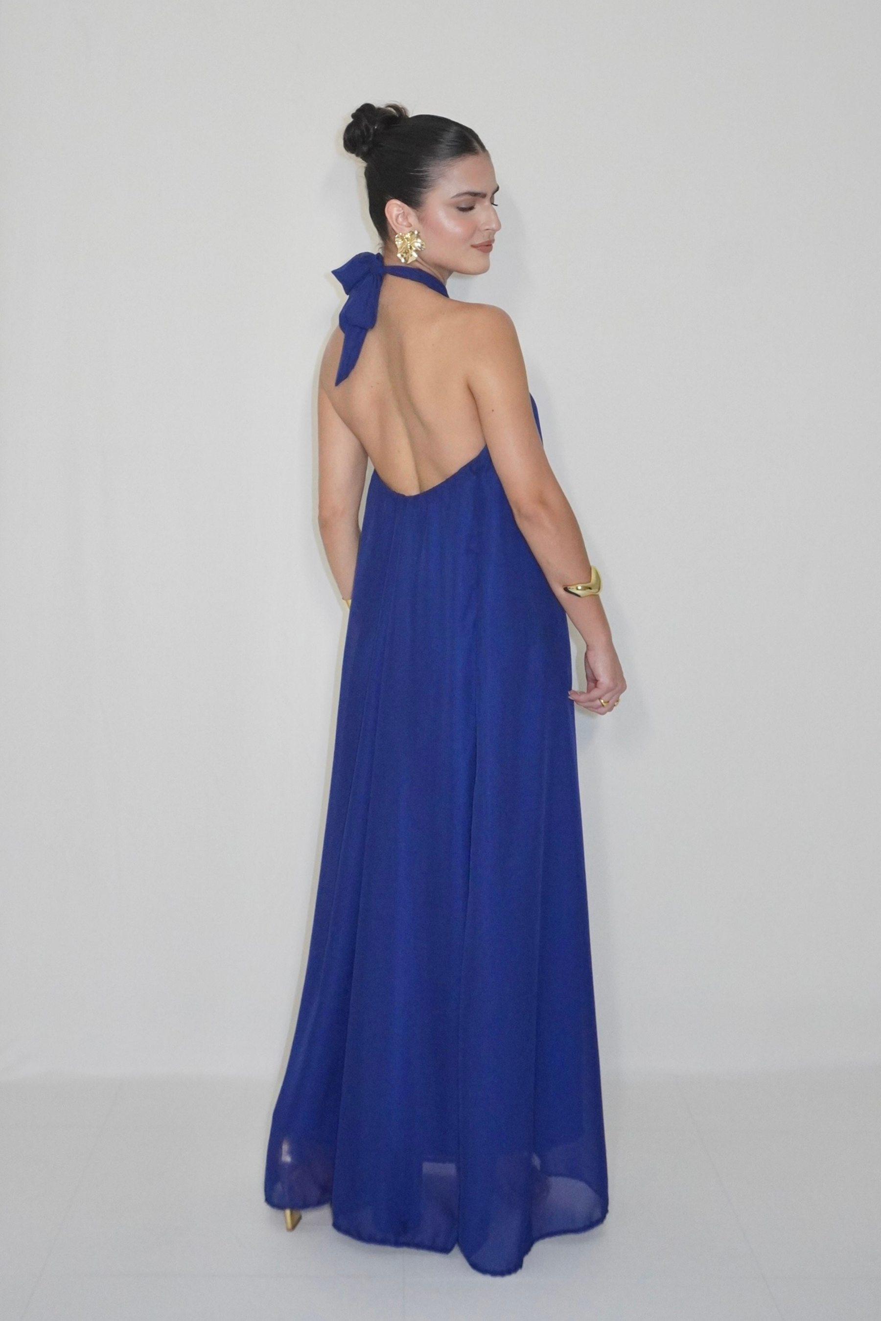 VESTIDO JADE AZUL MARINHO - Longo fluido com decote nas costas