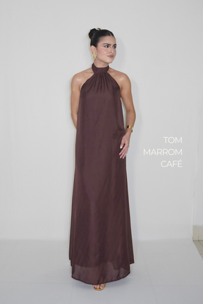 VESTIDO JADE MARROM CAFÉ - Longo fluido com decote nas costas