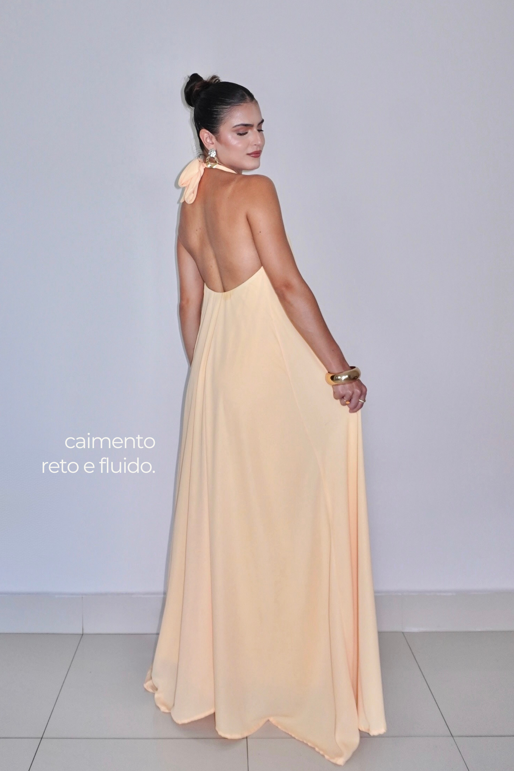 VESTIDO JADE AMARELO MANTEIGA - Longo fluido com decote nas costas