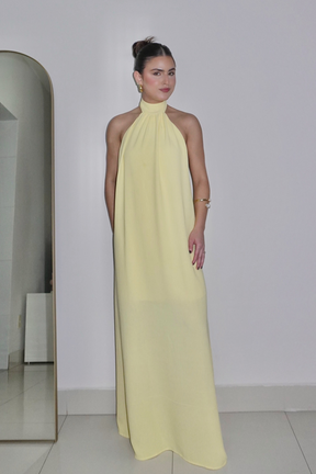 VESTIDO JADE AMARELO MANTEIGA - Longo com decote nas costas