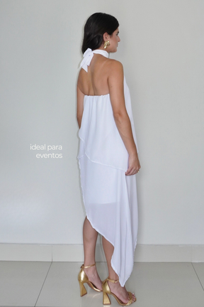 VESTIDO SOL BRANCO - Curto com babados, fluido com amarração no pescoço