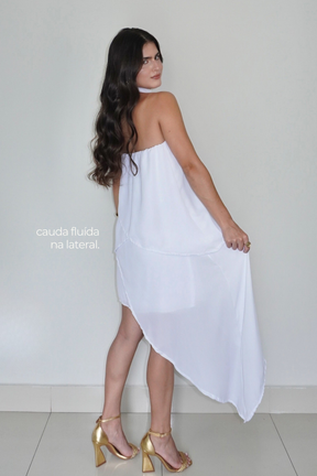 VESTIDO SOL BRANCO - Curto com babados, fluido com amarração no pescoço