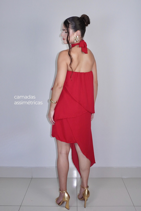 VESTIDO SOL VERMELHO - Curto com babados, fluido com amarração no pescoço