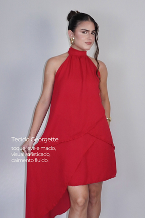 VESTIDO SOL VERMELHO - Curto com babados, fluido com amarração no pescoço