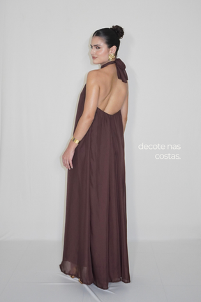 VESTIDO JADE MARROM CAFÉ - Longo fluido com decote nas costas