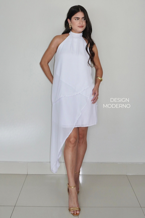 VESTIDO SOL BRANCO - Curto com babados, fluido com amarração no pescoço