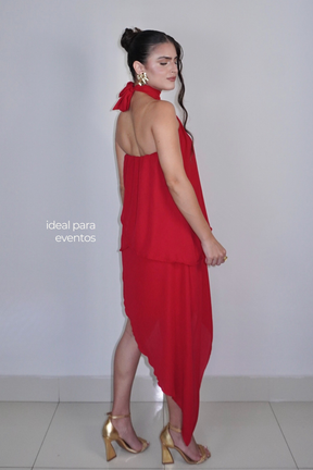 VESTIDO SOL VERMELHO - Curto com babados, fluido com amarração no pescoço