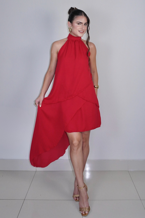 VESTIDO SOL VERMELHO - Curto com babados, fluido com amarração no pescoço
