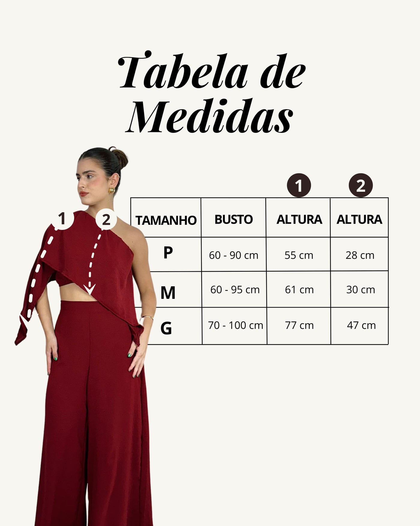 Tabela de medidas do produto