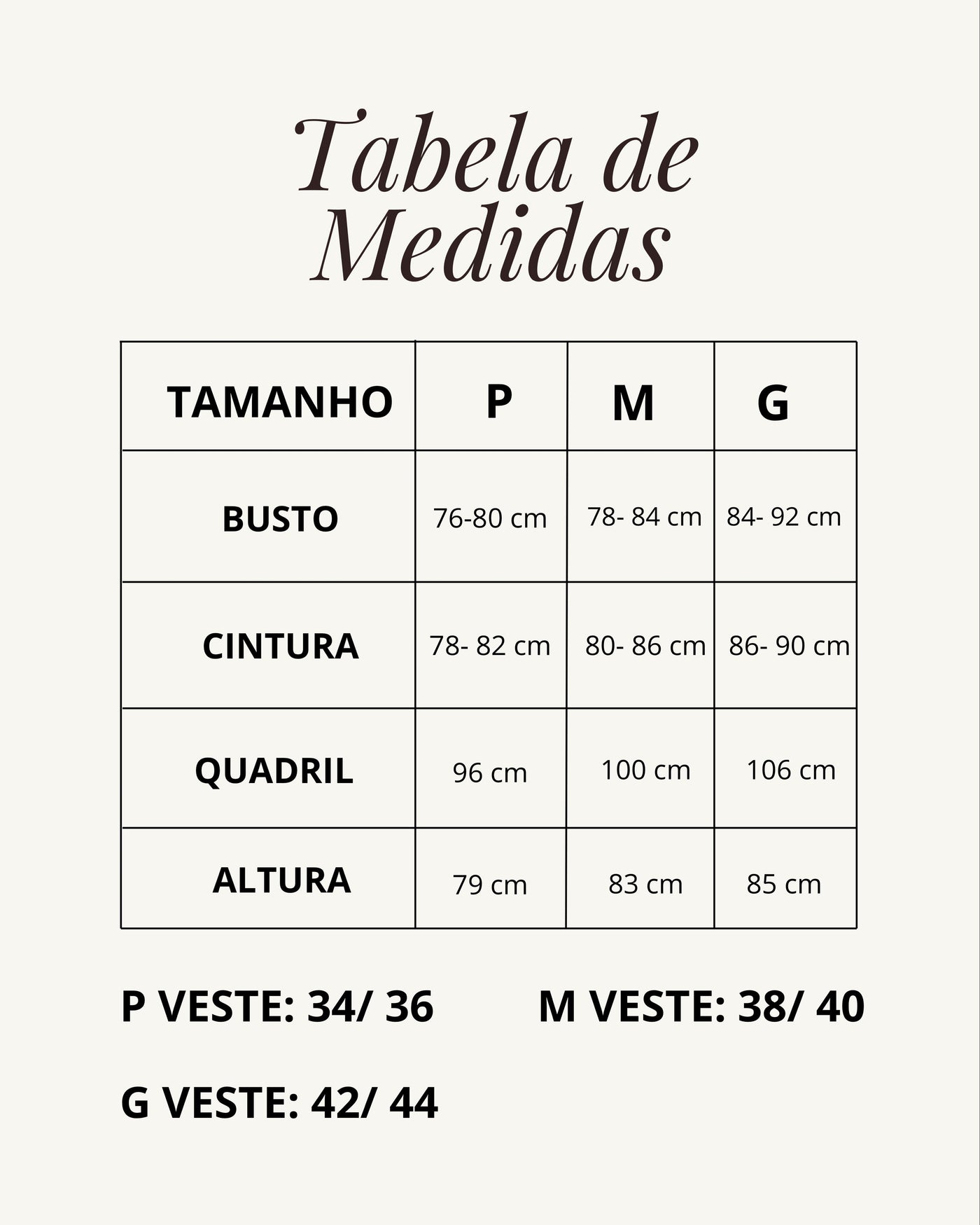 Tabela de medidas do produto